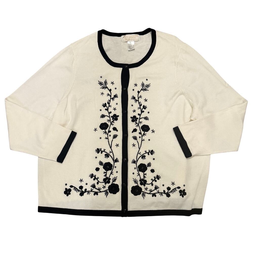 Vintage Maurada Embroidered Cardigan Cream Black Trim Floral Preppy 2X Office